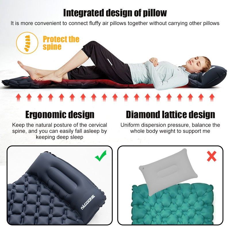 Image of an ergonomic camping air mattress with an integrated pillow design and diamond lattice texture. The photo showcases the mattresses innovative features, providing optimal comfort, neck support. and enhanced airflow for a relaxing outdoor sleep experience.